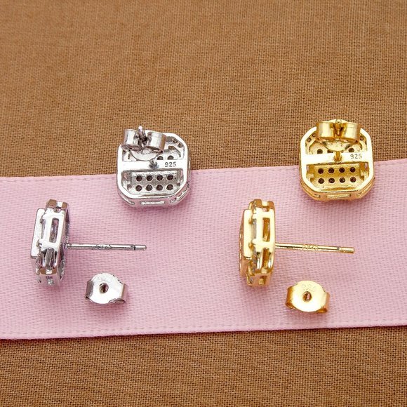 Gold CZ Stud Earrings, 14k Gold 10mm Icy Bling Square CZ Studs - Picture 9 of 9